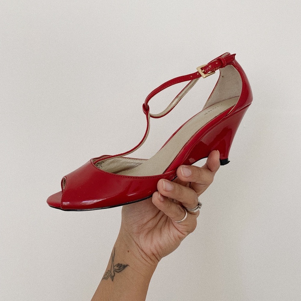 Red Patent Peep Toe T-Strap Kitten Heels